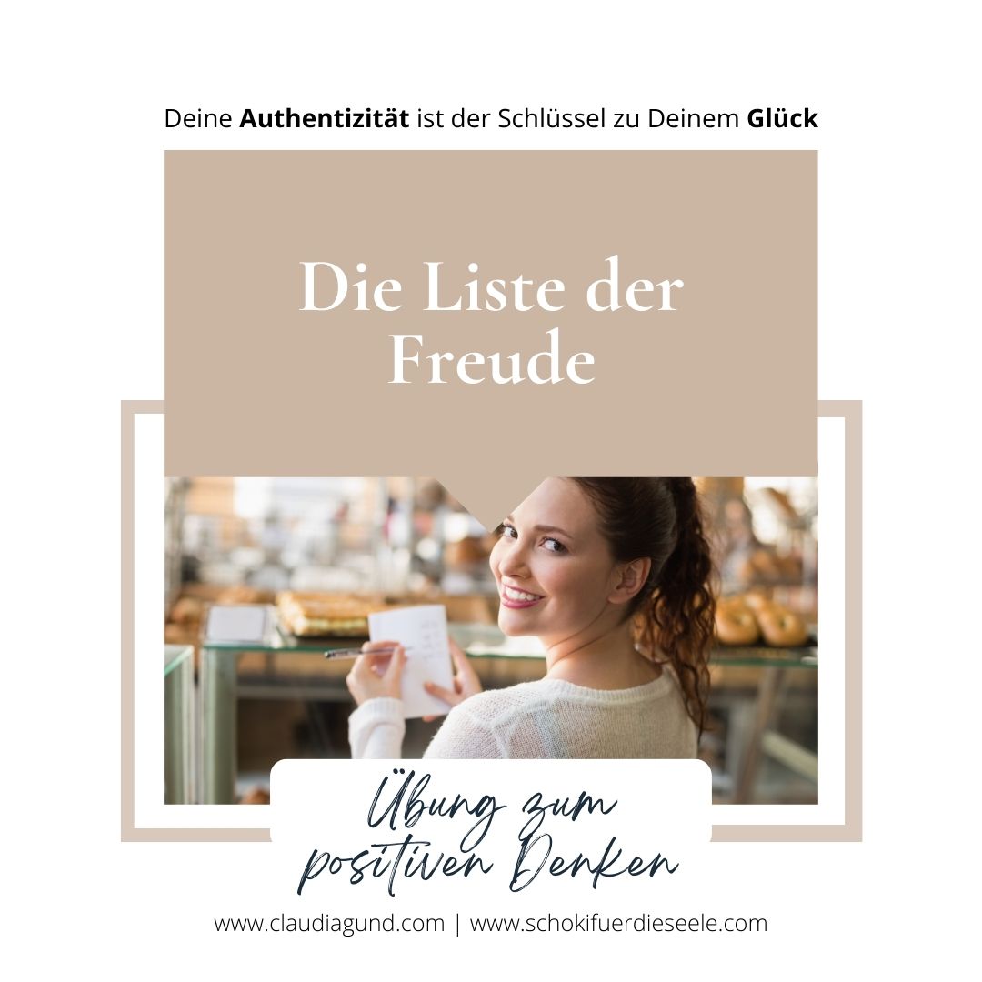 Lächelnde Frau in einer Bäckerei, die eine Liste mit positiven Wörtern schreibt, mit dem Text "Die Liste der Freude - Übung zum positiven Denken