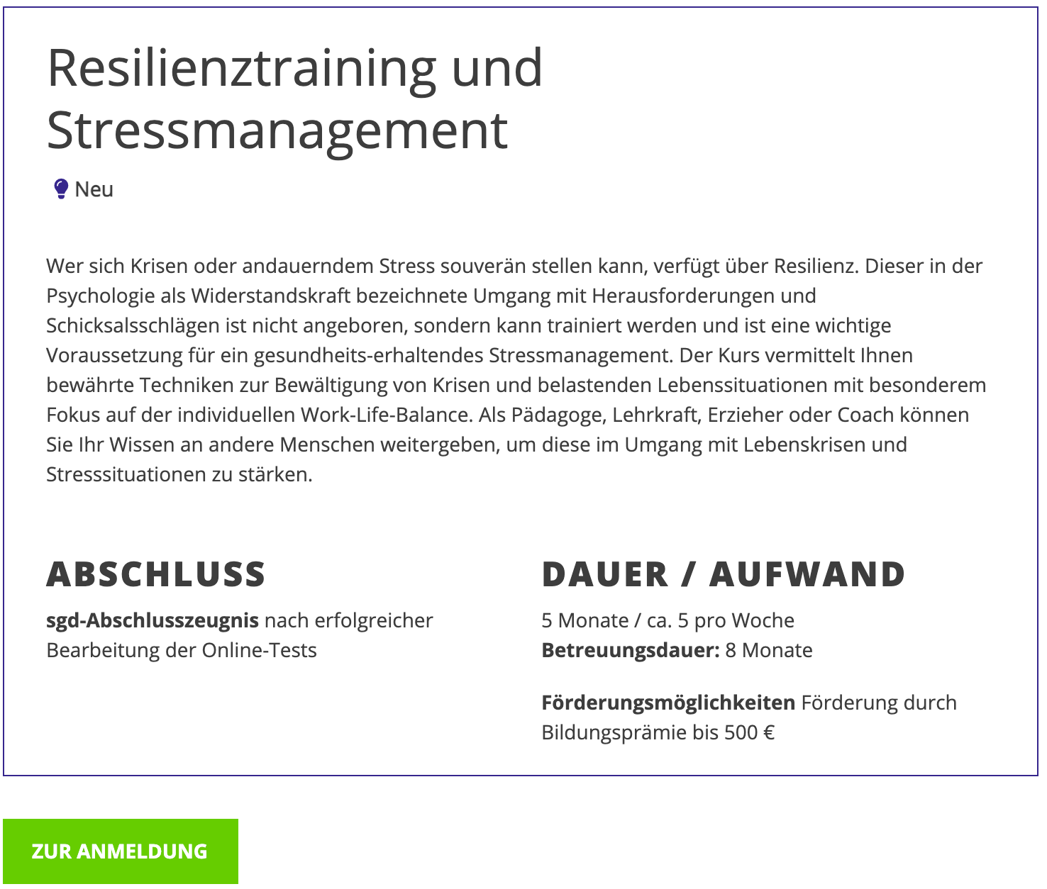 Anmeldeformular Resilienztrainer und Stressmanagement SGD Darmstadt